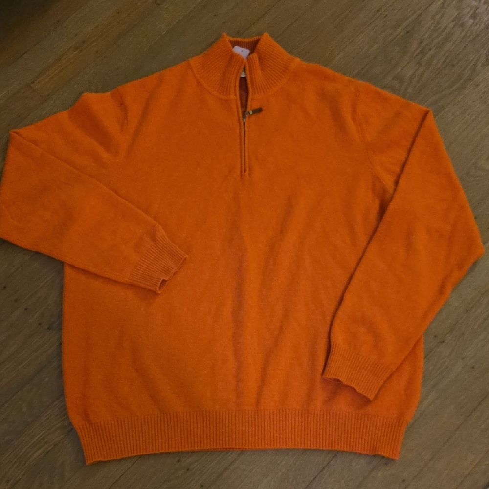 Kinross : Cashmere-Vibrant Orange Men's Zip-Up 100% Cashmere Sweater Size L